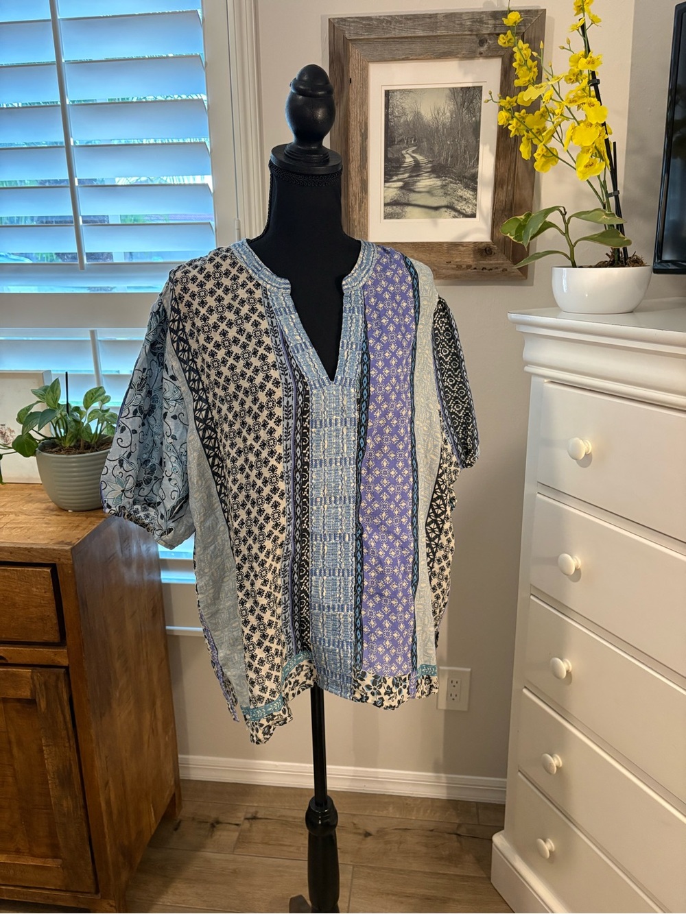Johnny Was Patchwork Short-Sleeve Blouse in Shades of Blue, XL